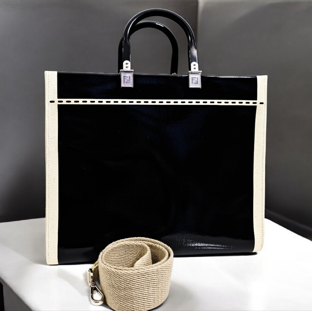 Fendi Medium Sunshine Shopper Black Patent Leather Canvas Trim Tote Shoulder Bag - Picture 4 of 14